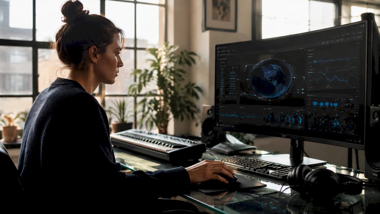 Over-shoulder view of engineer using audio software