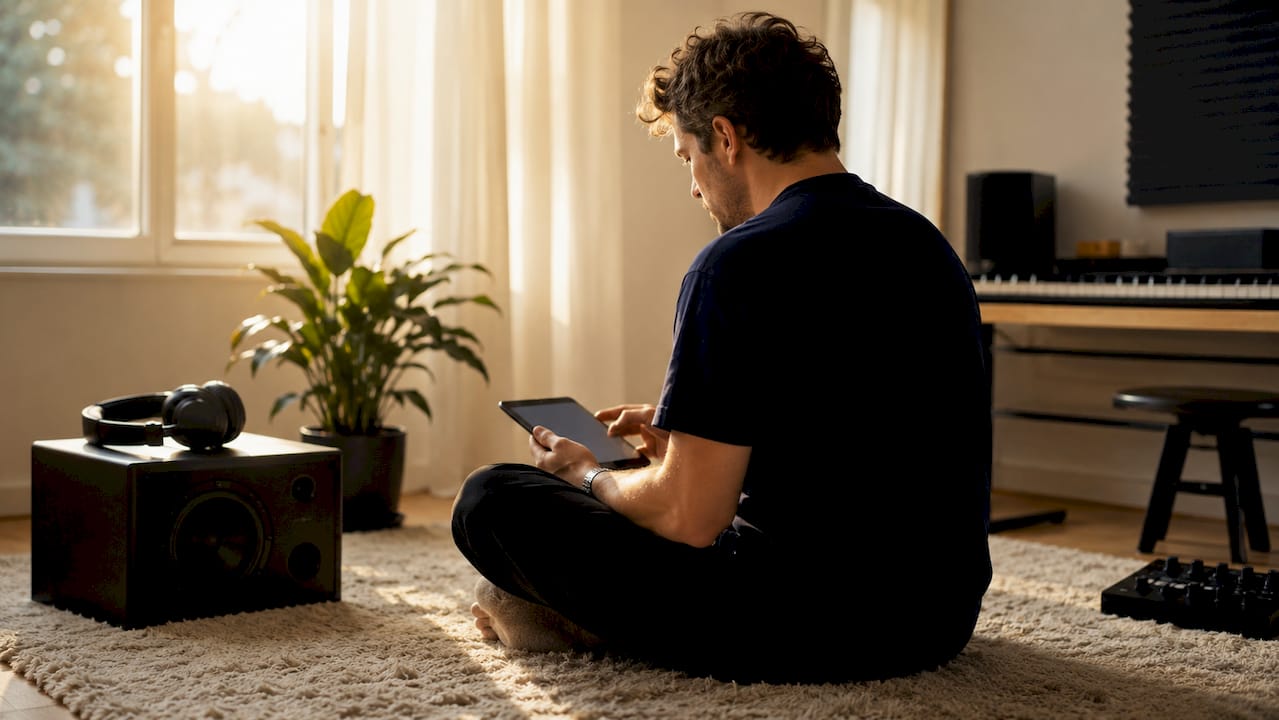 Hands selecting reference tracks on smartphone playlist