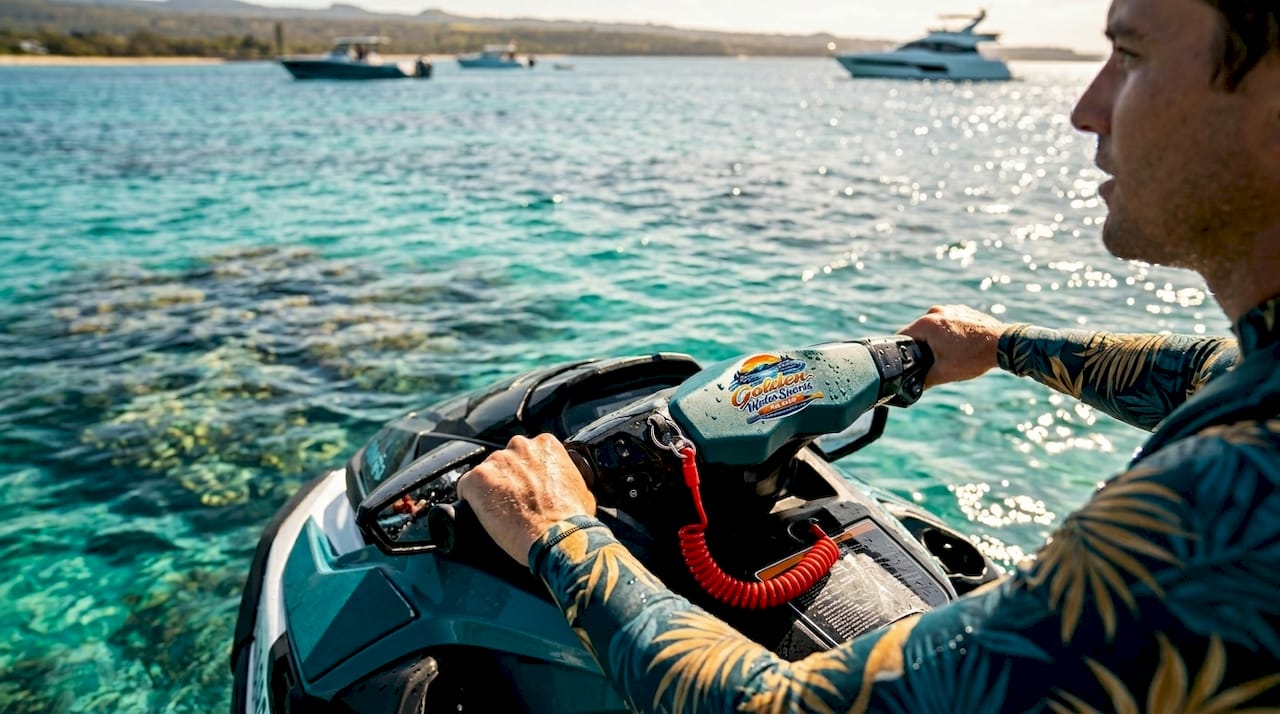 Jet ski rider maintaining lookout on lake