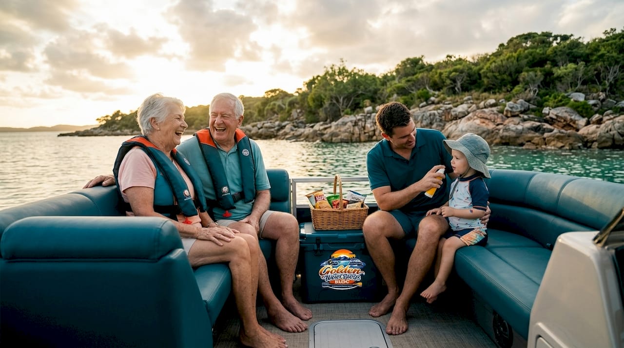 Multi-generational family safely enjoying pontoon boat