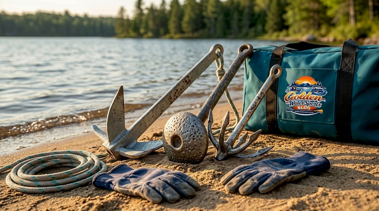 Various pontoon boat anchors on wooden dock