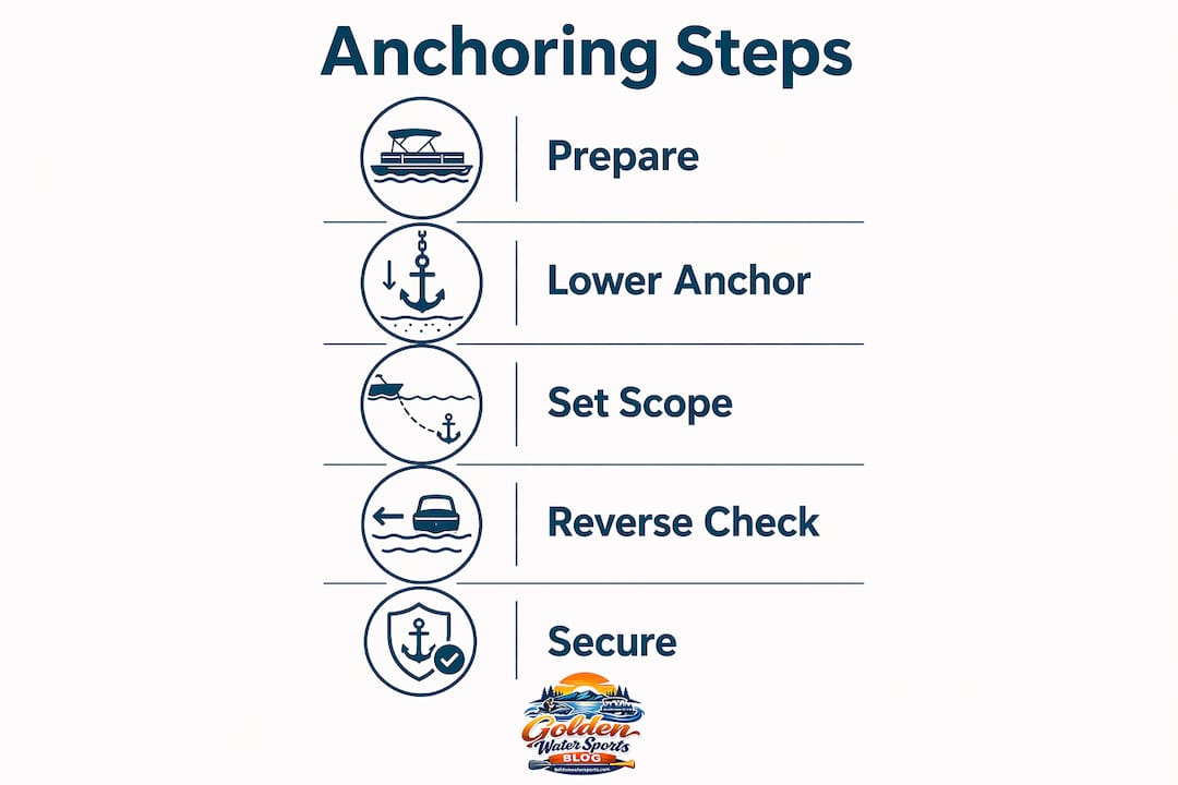 Infographic showing key steps to anchor a pontoon boat