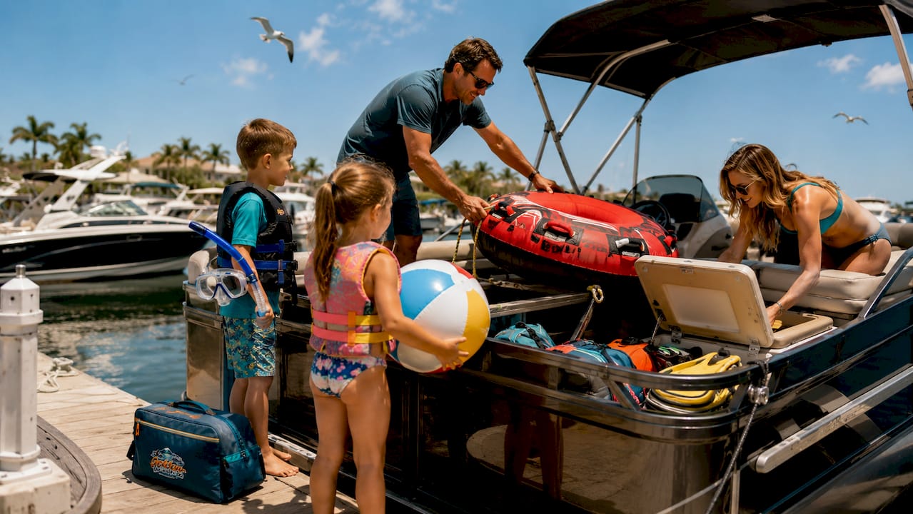 Family loading water toys onto pontoon boat