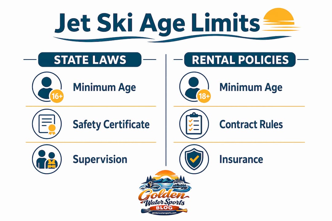 Infographic comparing state laws and rental policies for jet ski age restrictions