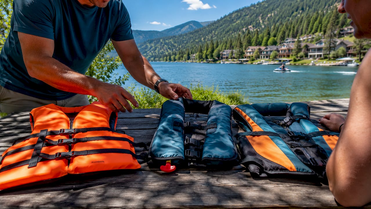 Overhead shot of three life jacket types on table