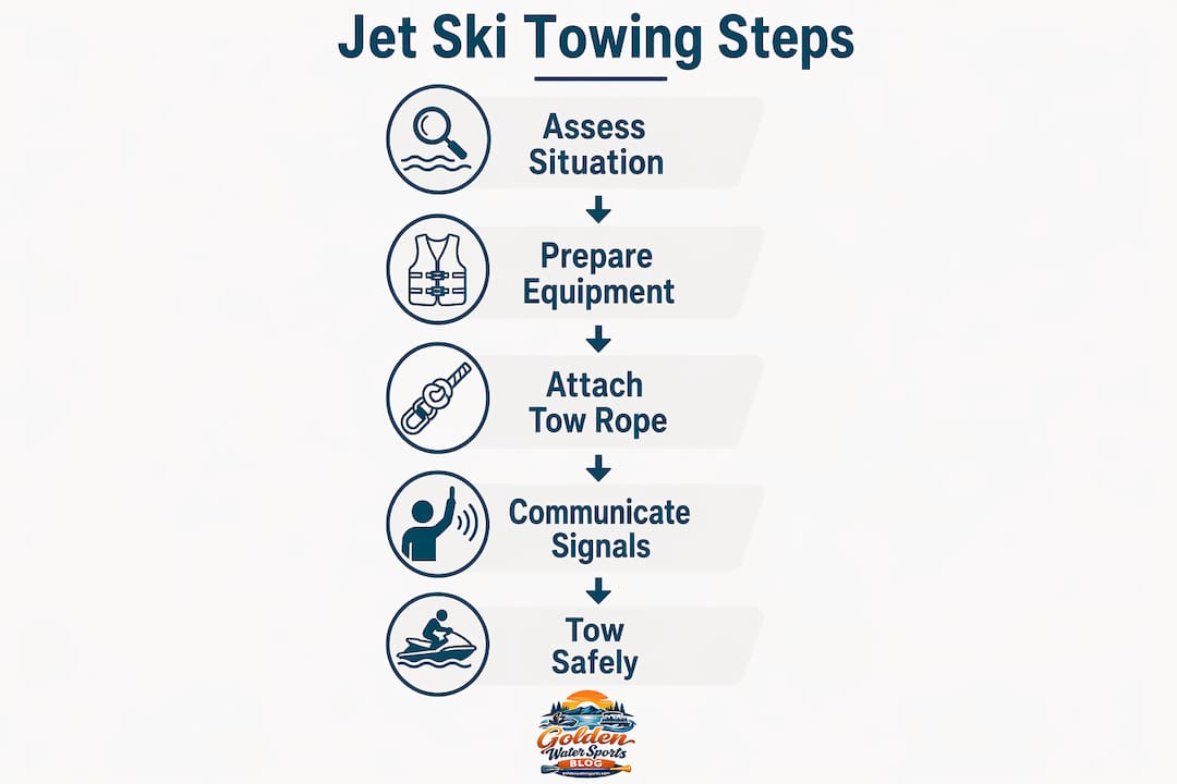 Infographic illustrating jet ski towing steps top to bottom