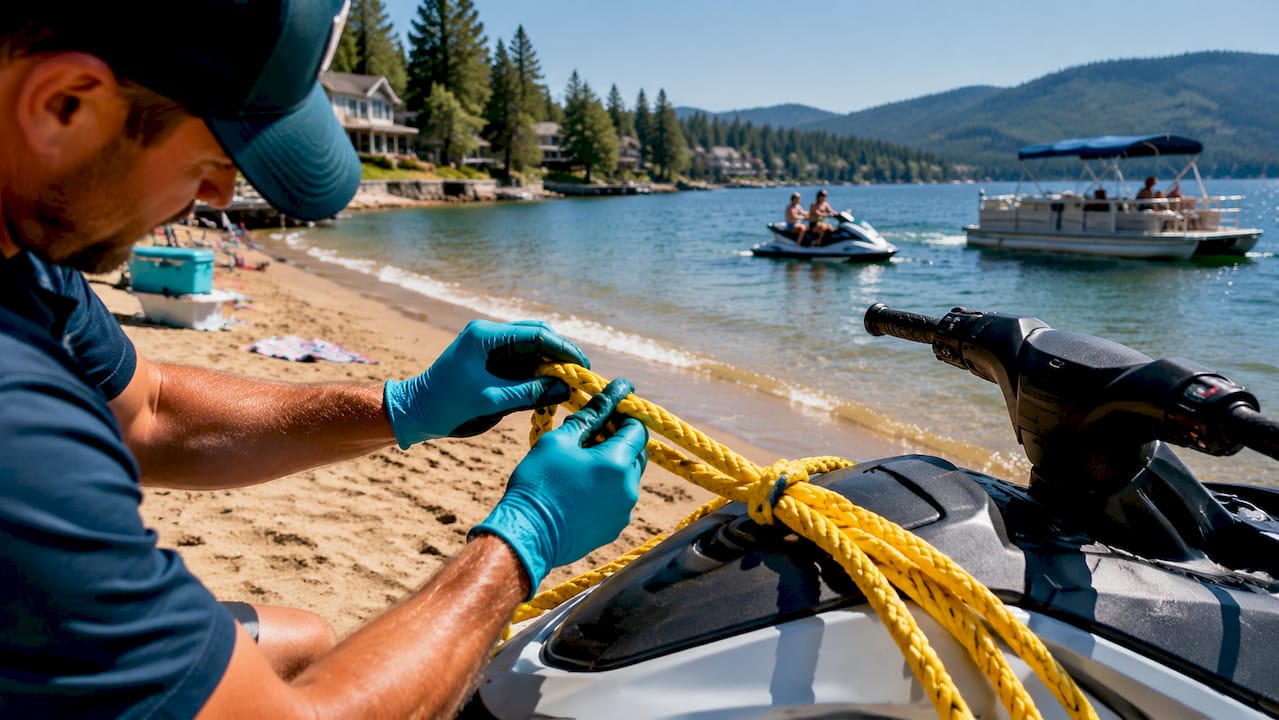 Hands inspecting jet ski tow rope fraying
