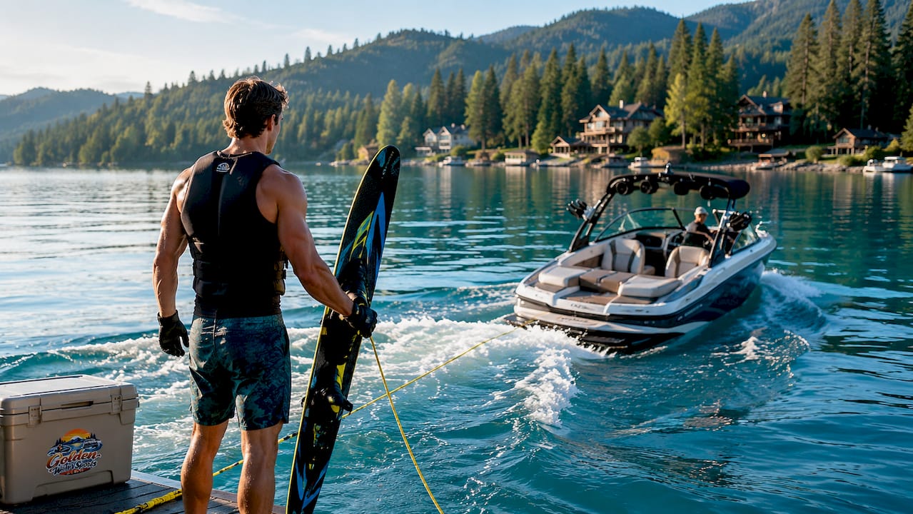 Lake Coeur d'Alene ski boat slalom course on clear day