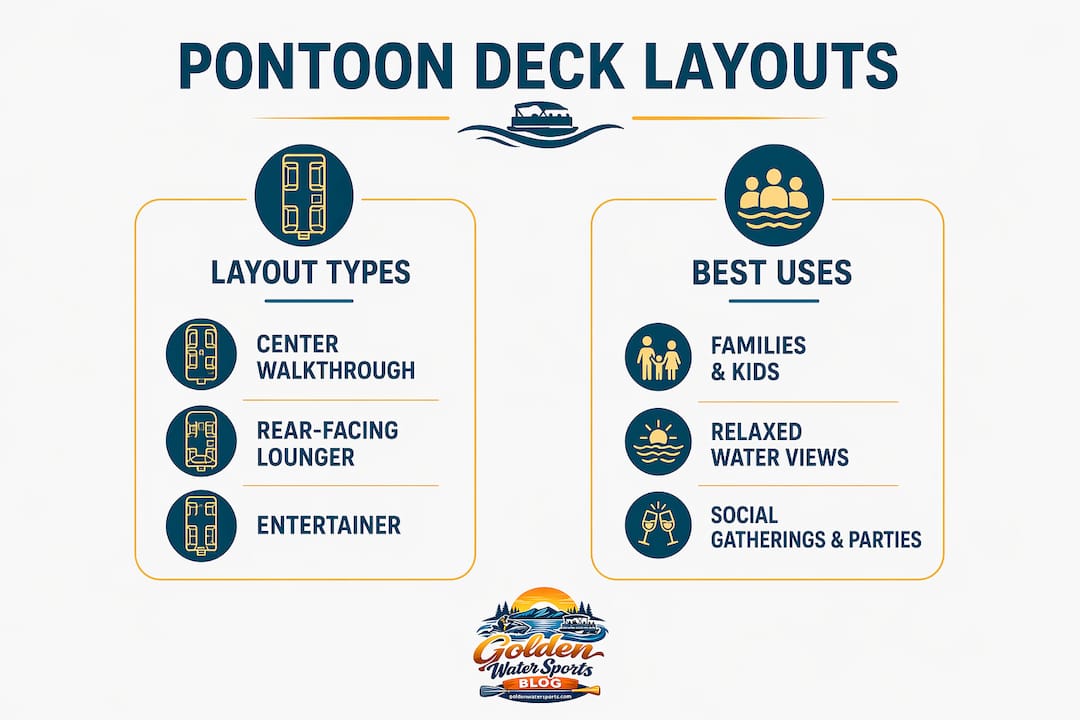 Infographic comparing pontoon deck layouts and uses