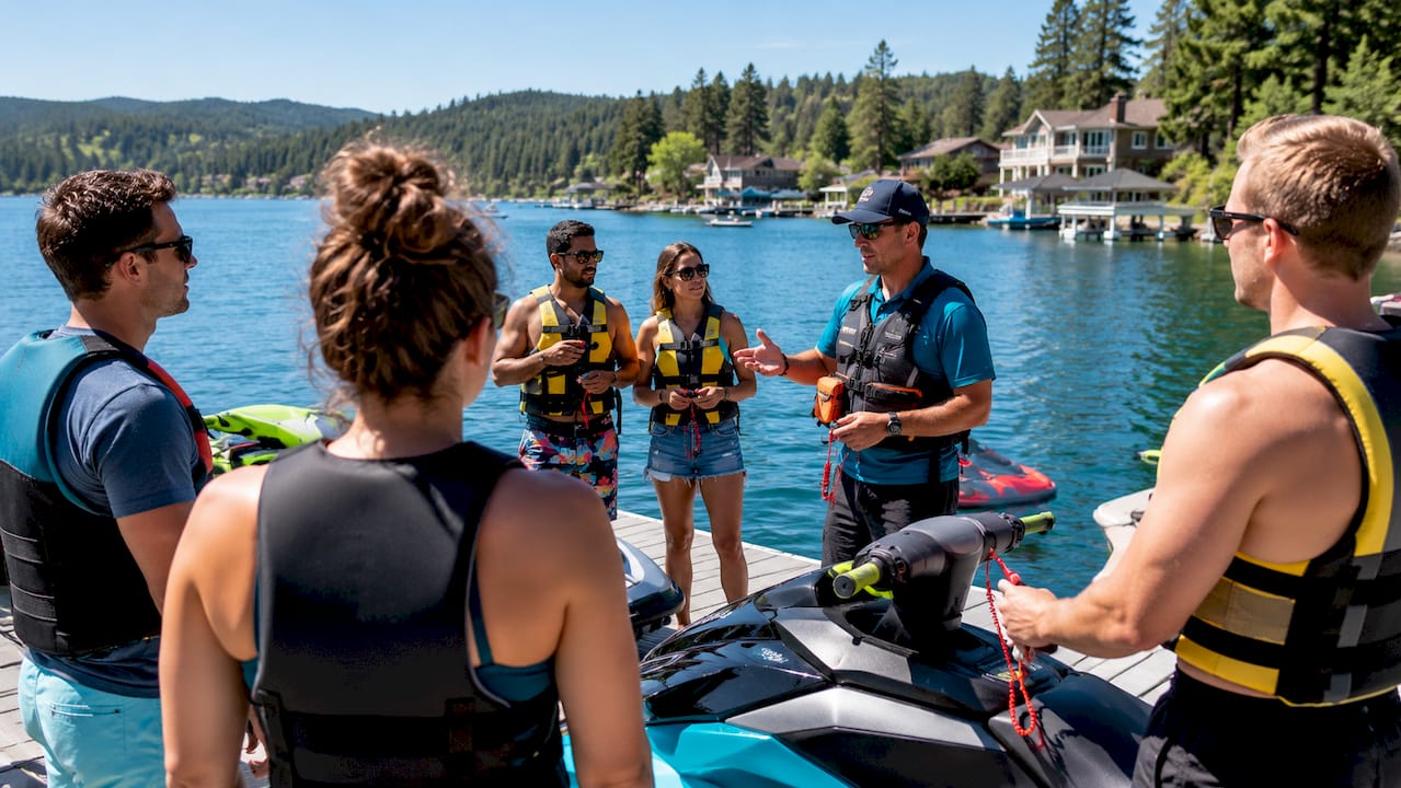 Safety briefing with life jackets at lake dock