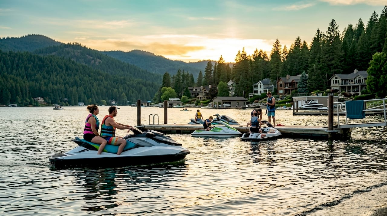 Various personal watercraft types on lake water