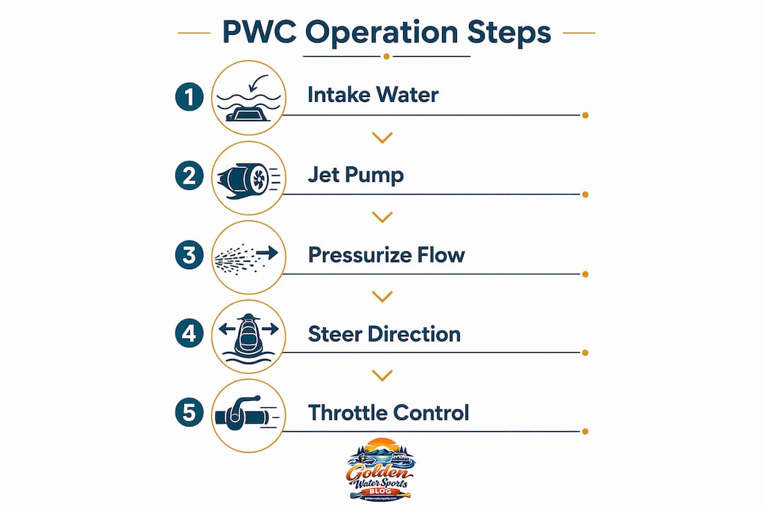 Infographic illustrating personal watercraft propulsion and steering steps