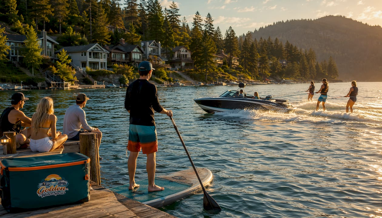 Pontoon boat with water skiers on deep lake