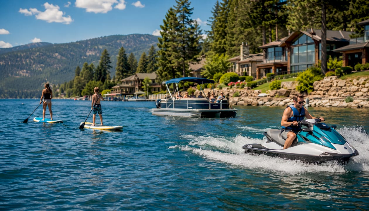People enjoying paddleboards near luxury homes at Hayden Lake