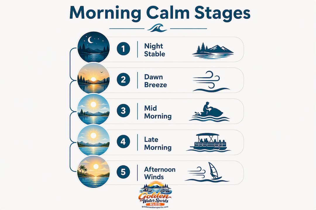 Infographic showing stages of morning calm on lake