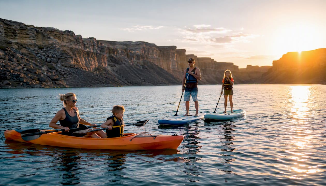 Family paddling on desert lake with canyon walls