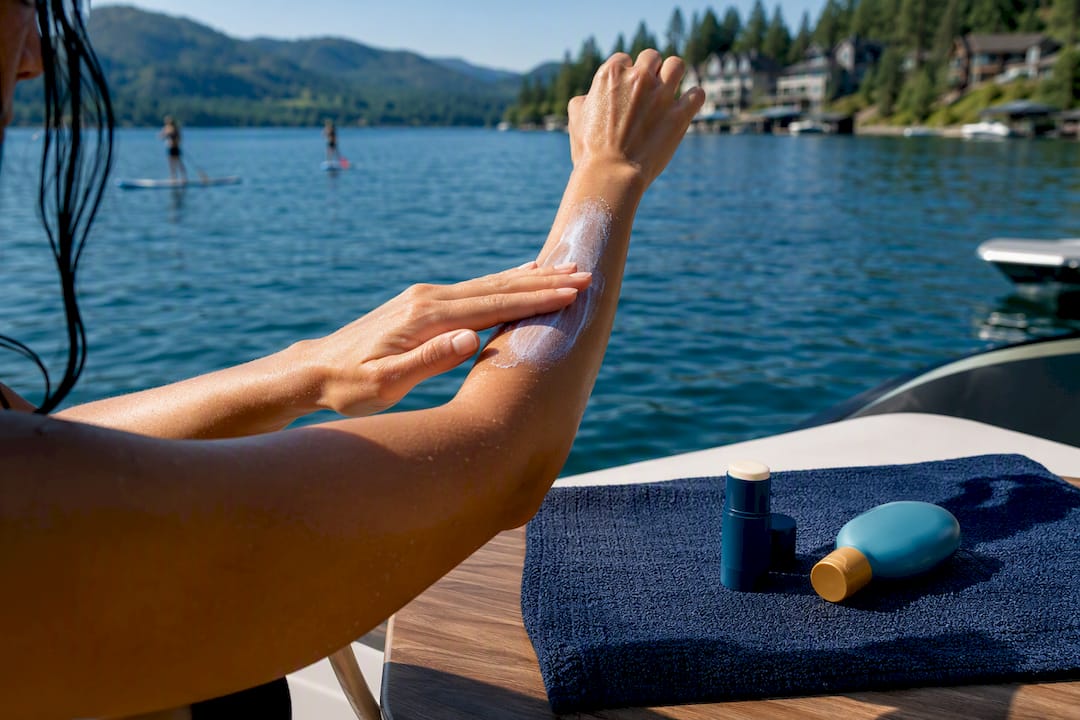Hands applying lotion sunscreen before boating