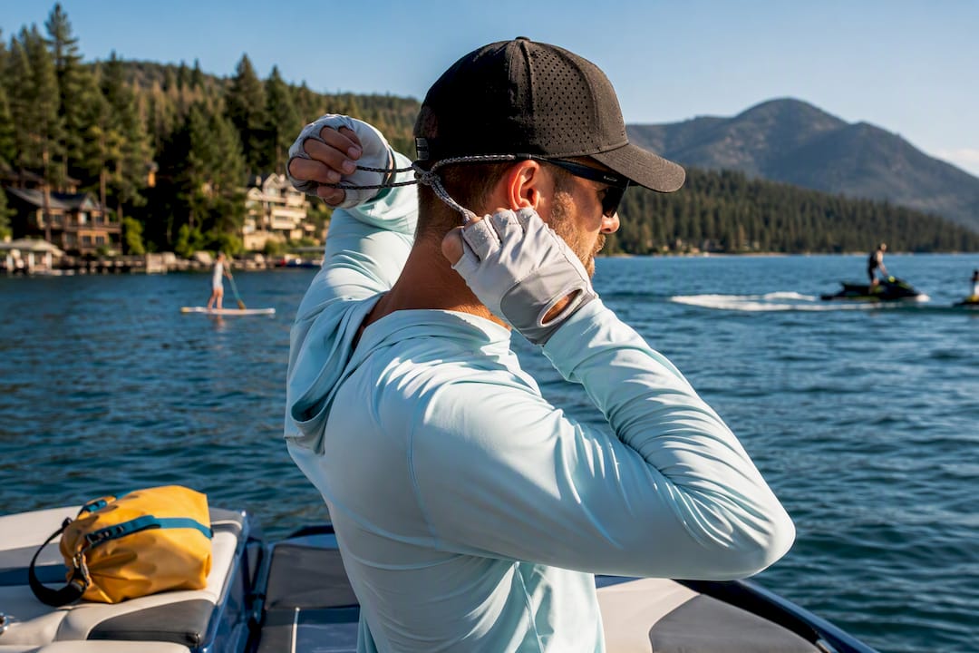 Boater wearing UPF clothing and sun accessories