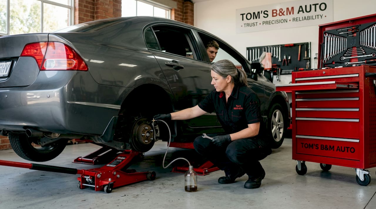 Mechanic attaching bleed tube during brake bleeding