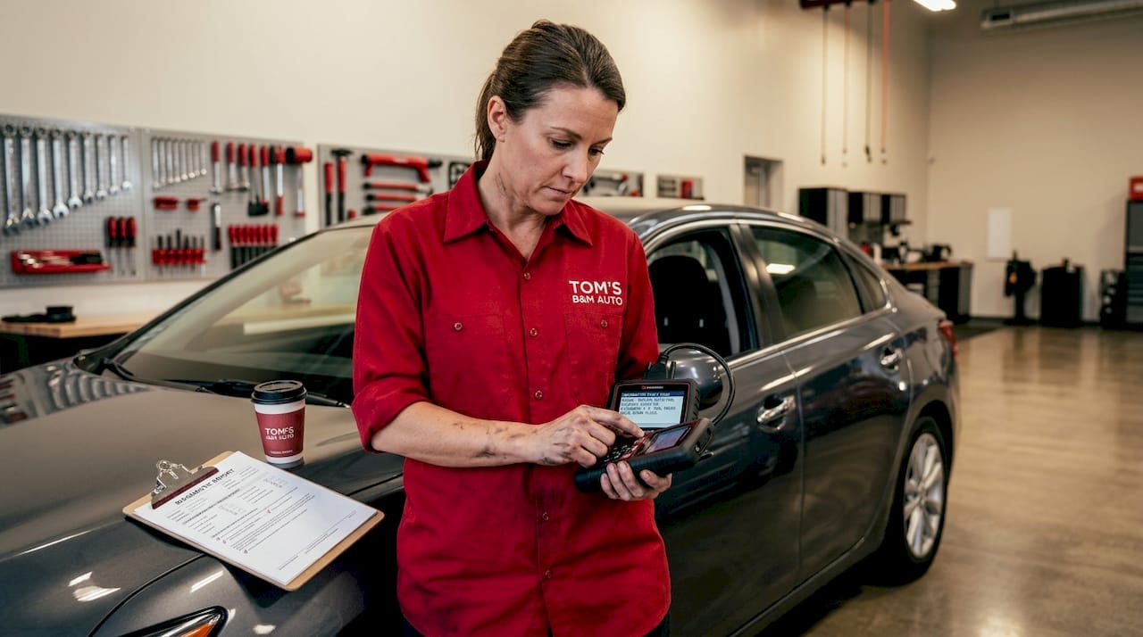Mechanic uses scan tool for vehicle inspection
