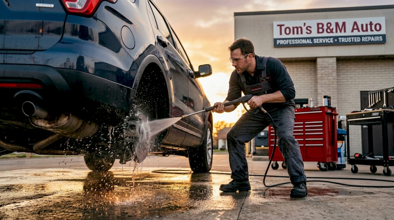 Mechanic washing car undercarriage with hose