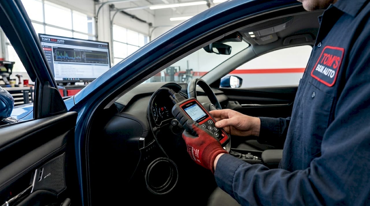 Technician performing car diagnostic scan