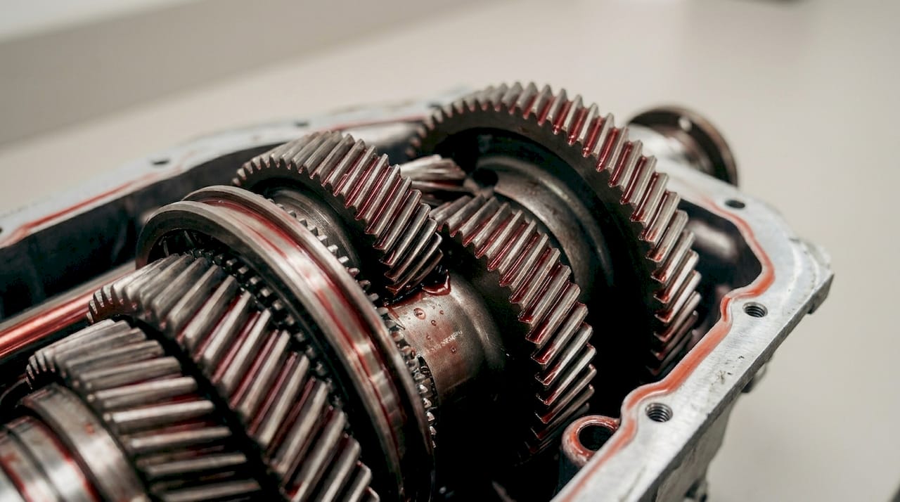 Close-up of lubricated metal gears in transmission