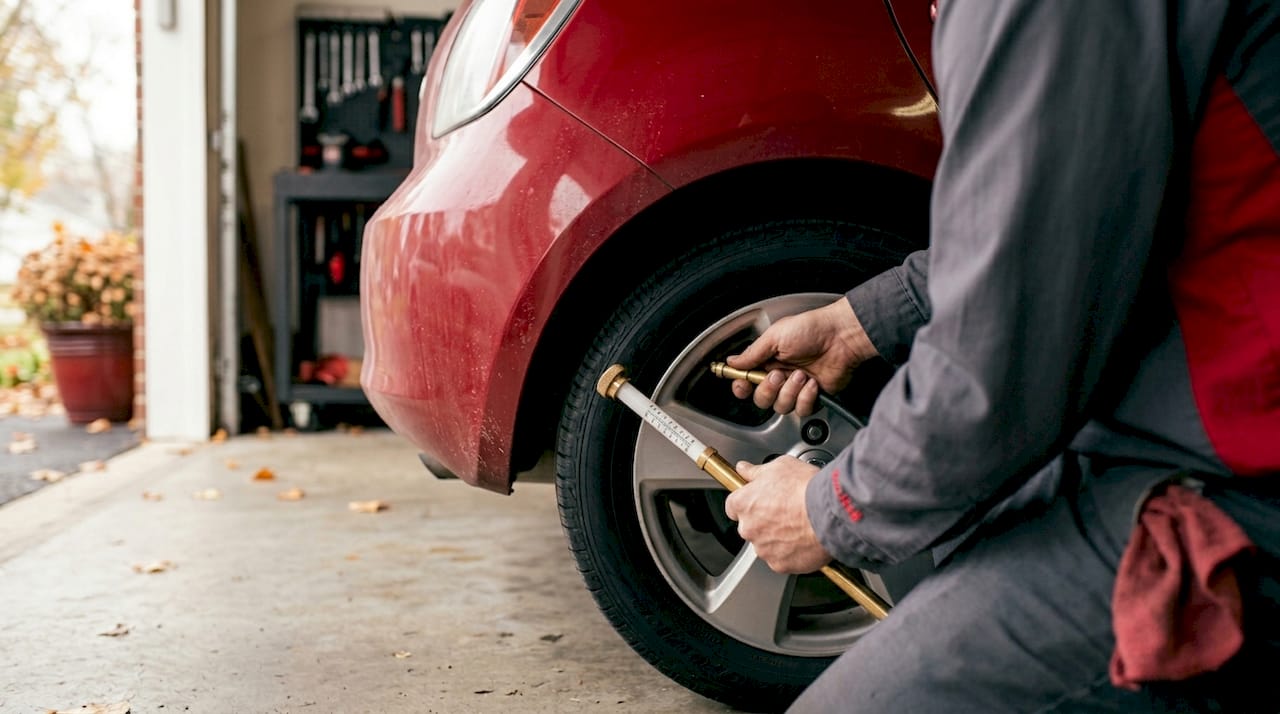 Close-up of tire pressure gauge on car tire