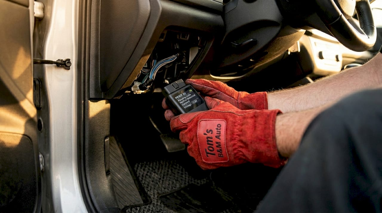 Hands plugging OBD-II scanner into car port