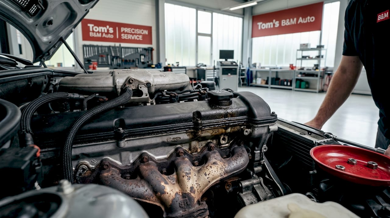 Close-up European car engine with oil leak