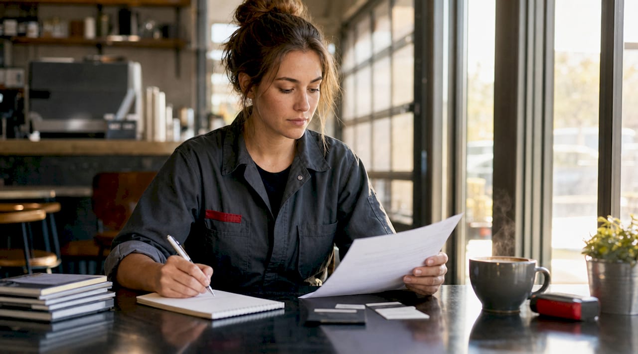 Mechanic hands holding resume with ASE credentials
