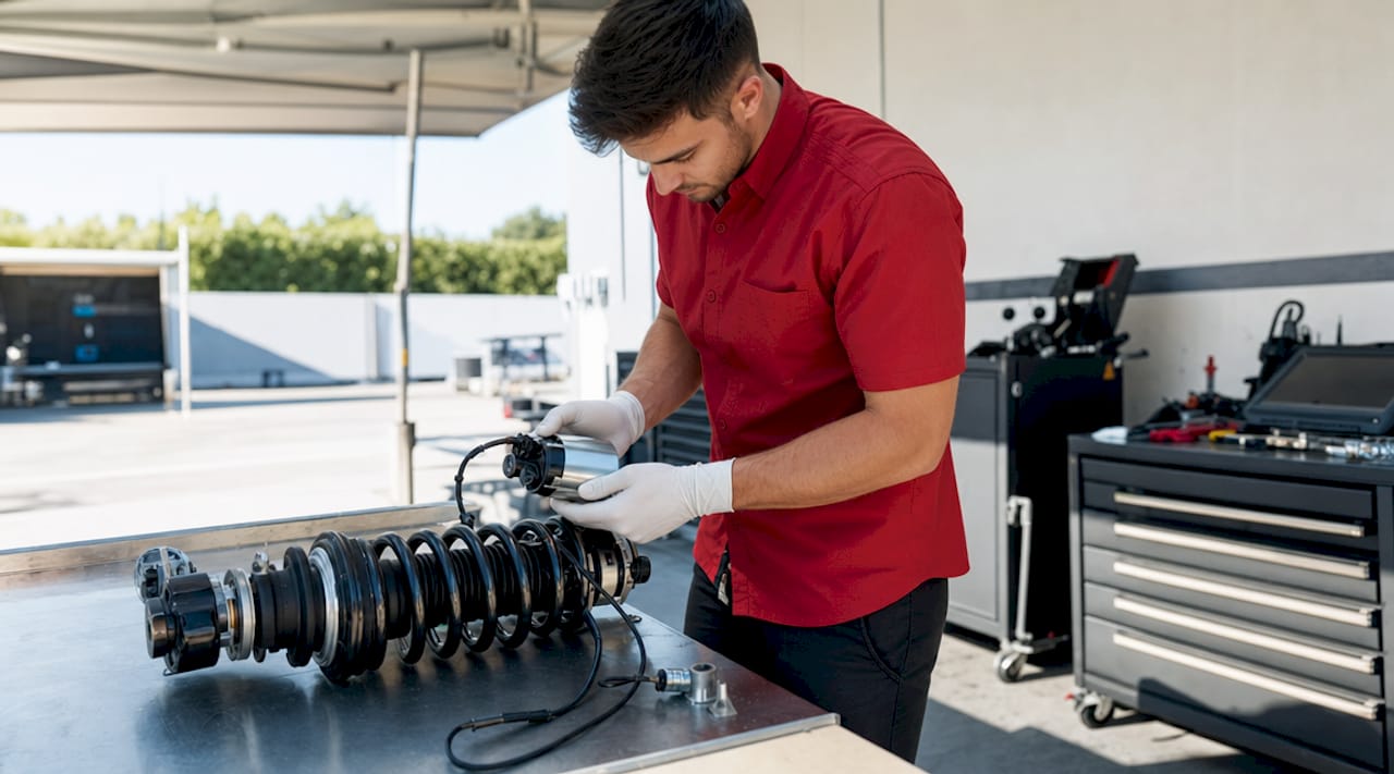 Technician assembling active suspension actuator parts