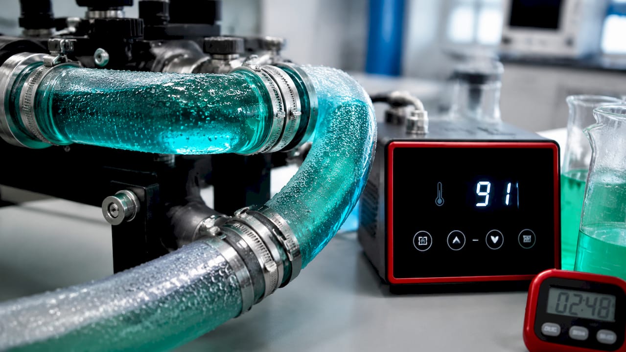 Close-up of coolant flow through radiator tubing
