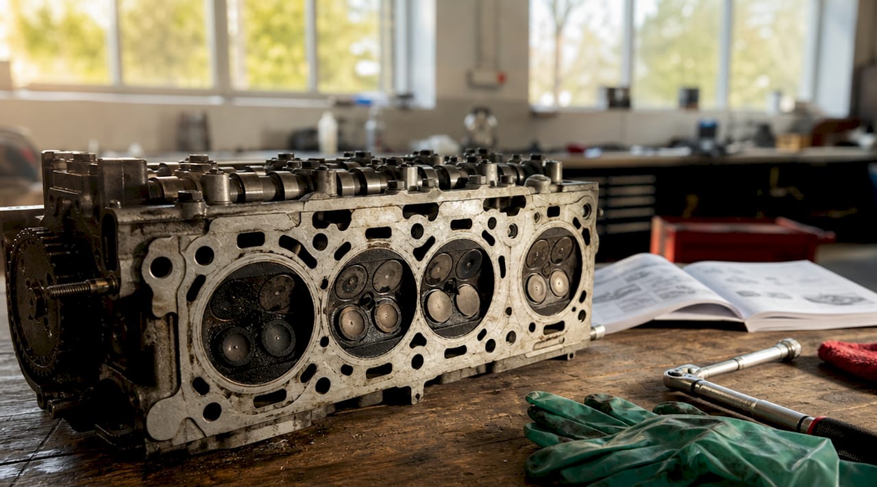 Close-up of gasoline engine cylinder head and piston
