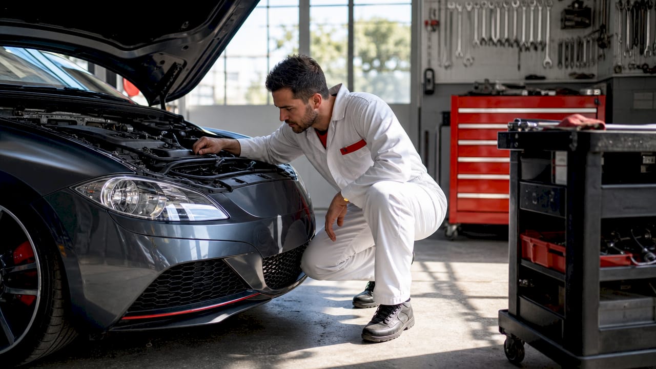 Technician inspecting car engine in repair shop