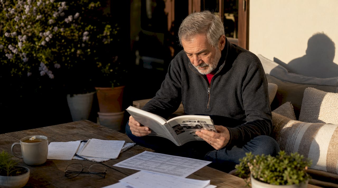 Man reading vehicle maintenance manual at home