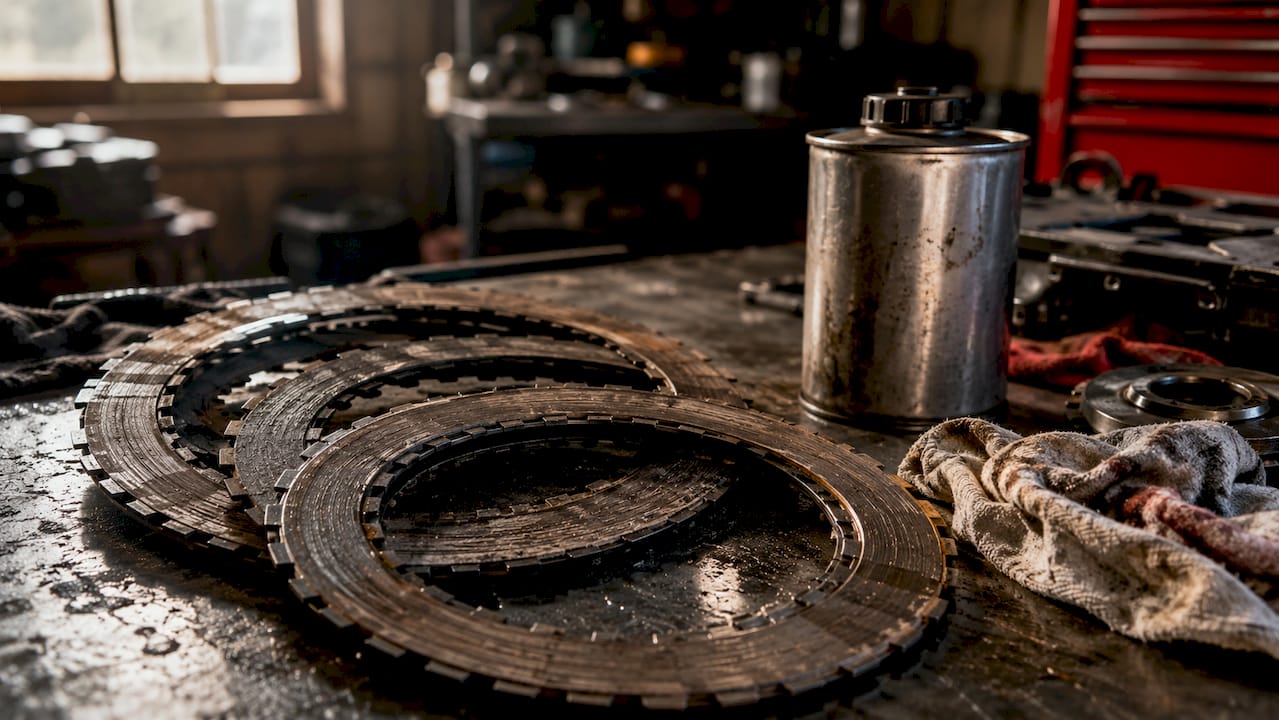 Close-up of worn transmission clutch packs