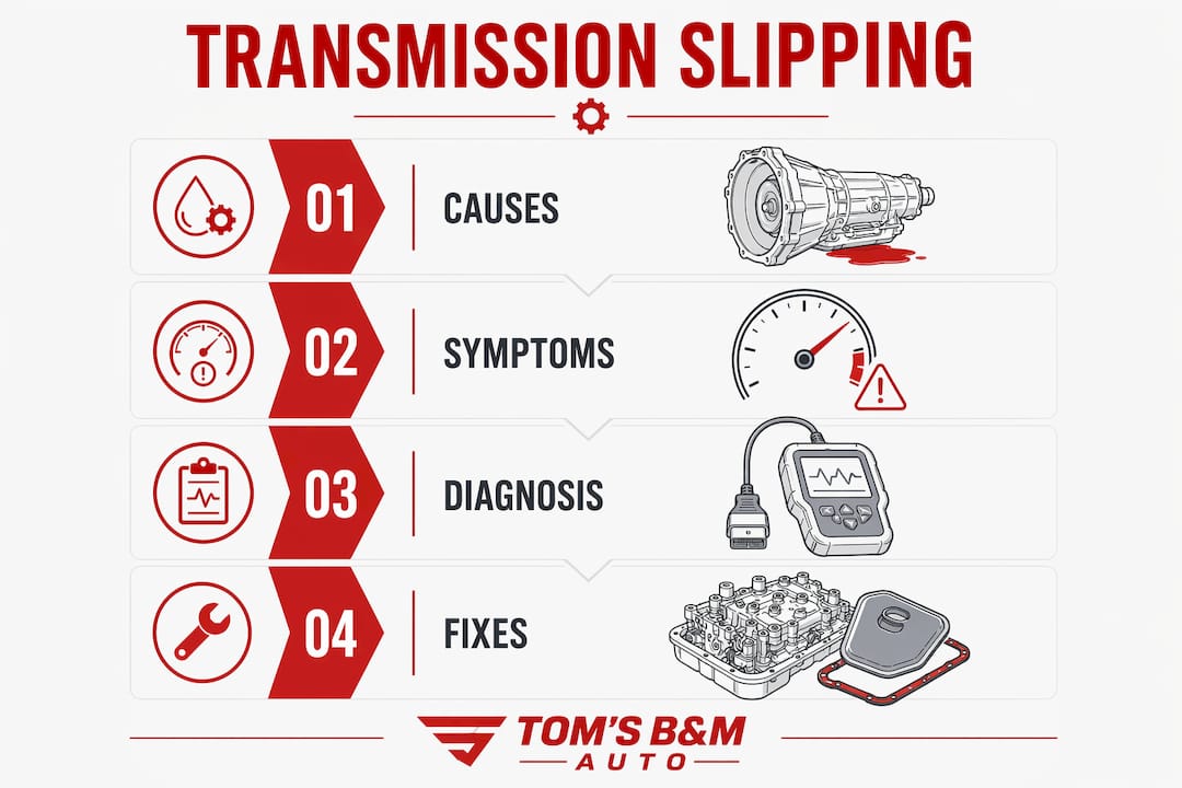 Infographic summarizing transmission slipping causes symptoms and fixes