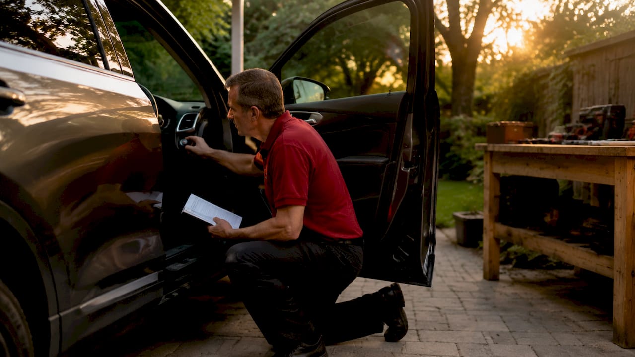 Car owner manually resetting maintenance light in garage