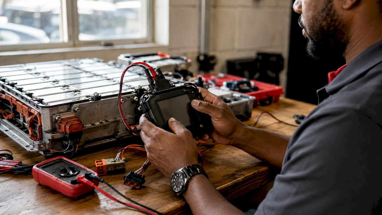 Hands using battery diagnostics tool on hybrid pack