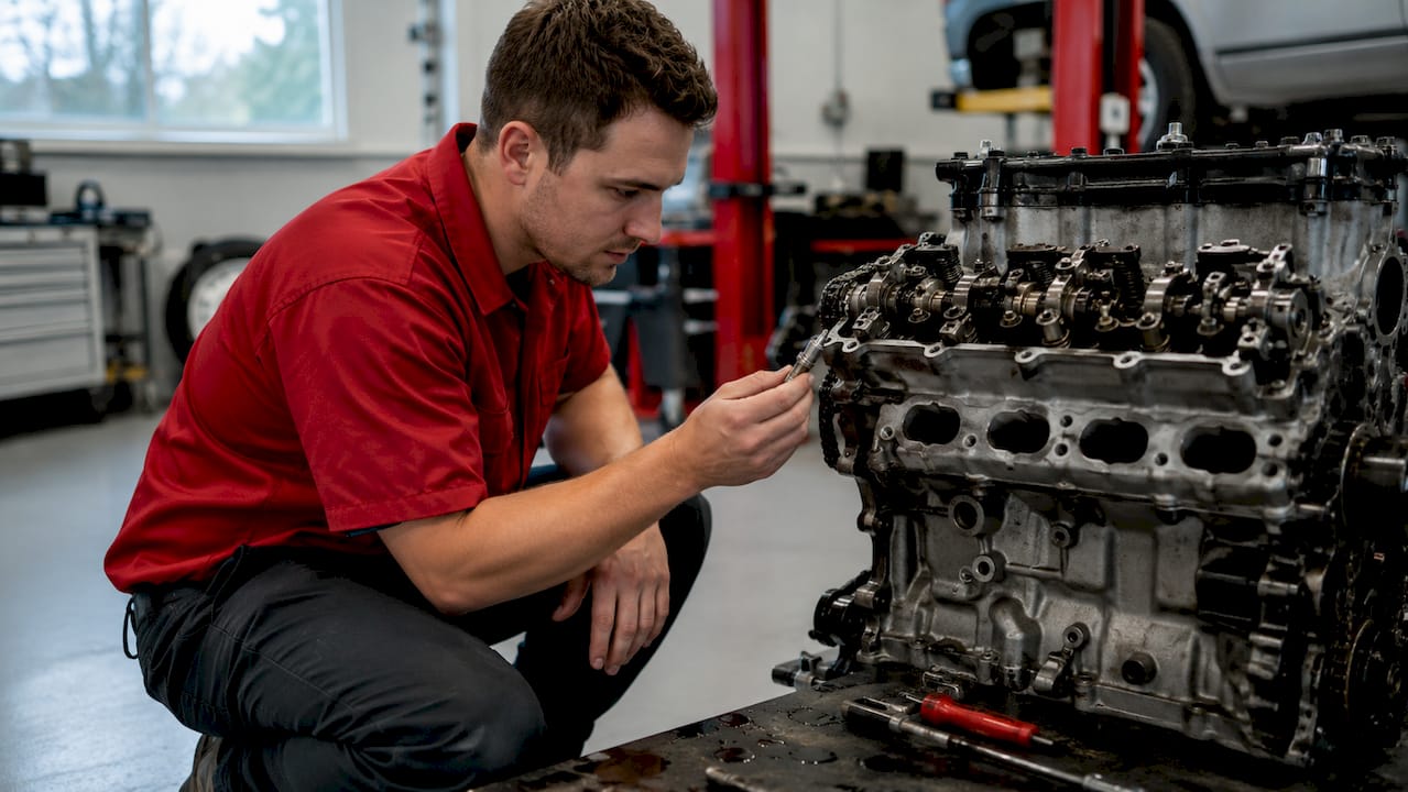 Technician hands inspecting car ignition system