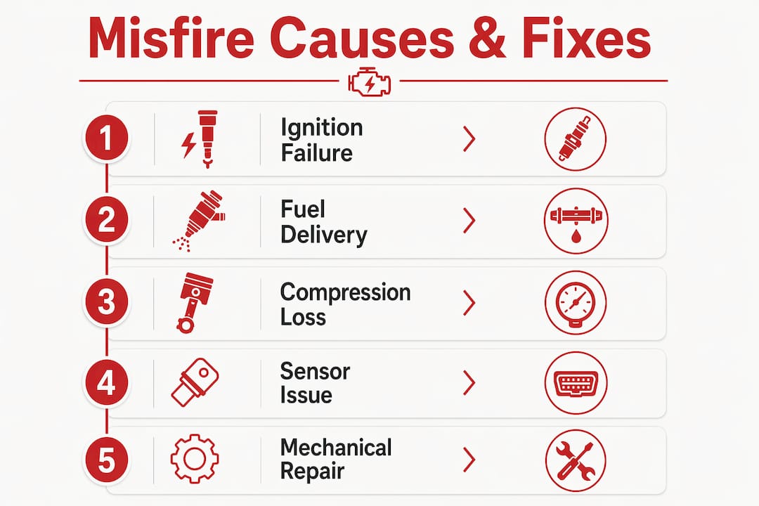 Infographic illustrating engine misfire causes and repairs