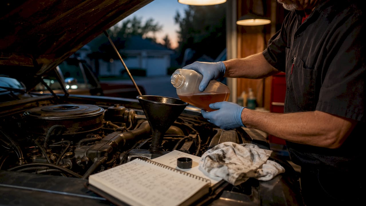 Close-up hands pouring high mileage engine oil