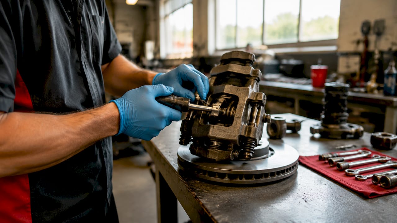 Hands demonstrating brake caliper hydraulic mechanism