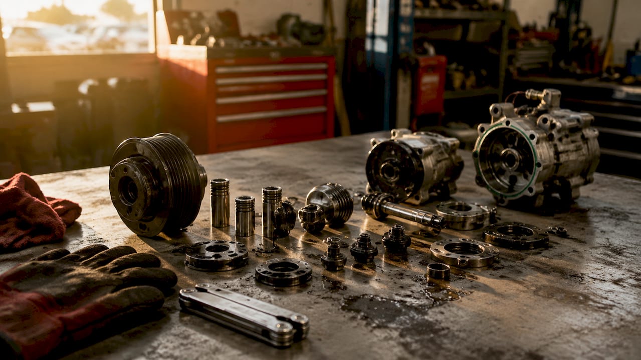 Disassembled car AC compressor parts on workbench