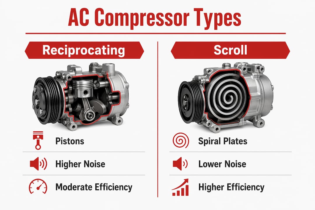 Infographic comparing reciprocating and scroll AC compressors