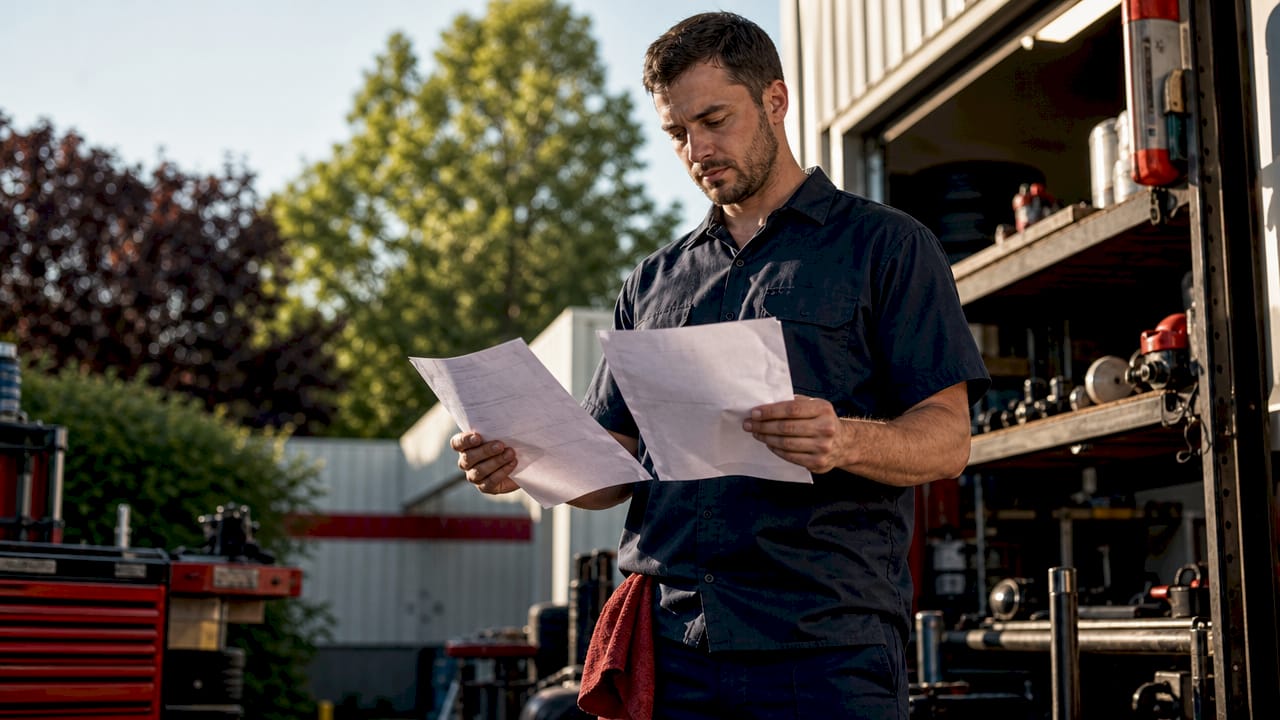 Mechanic comparing two repair estimates at workbench
