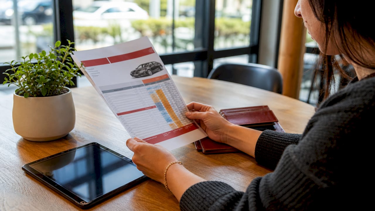 Hands reviewing car repair invoice closely