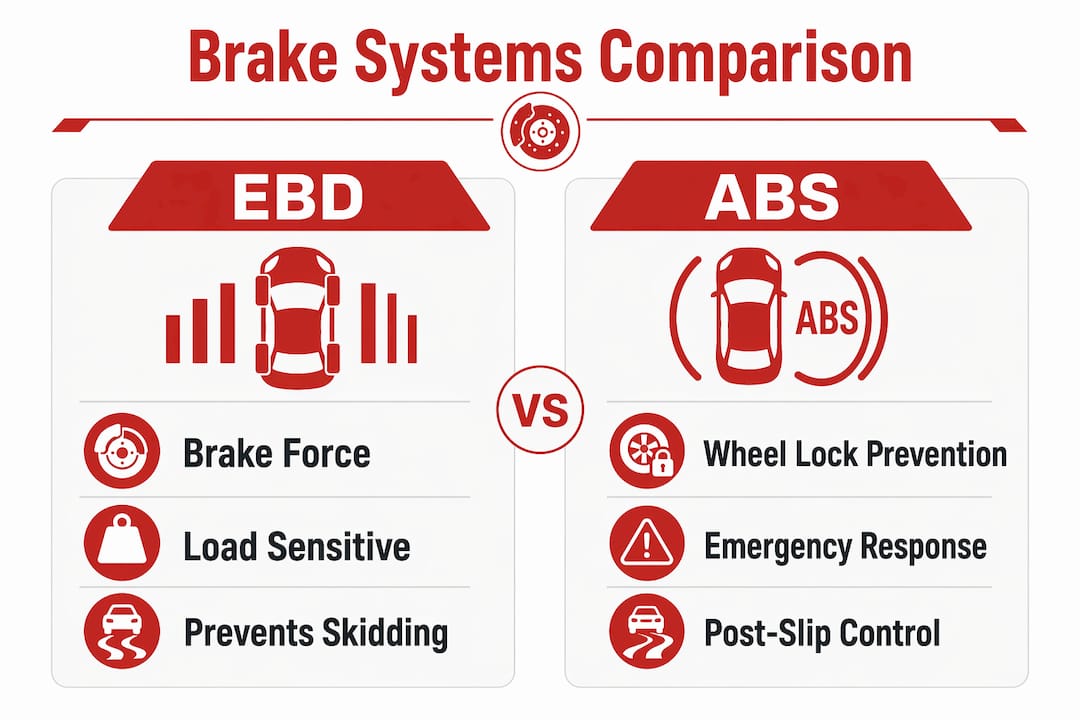 Infographic comparing EBD and ABS brake systems