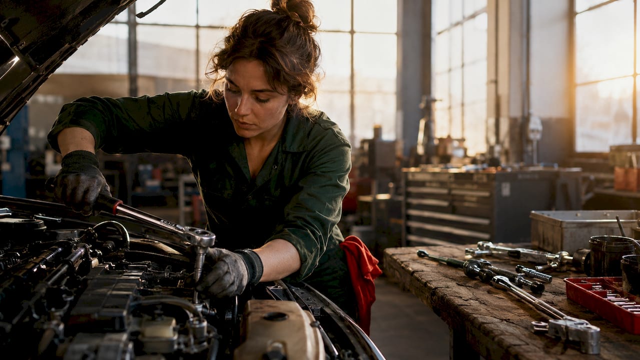 Hands of auto technician working on engine parts
